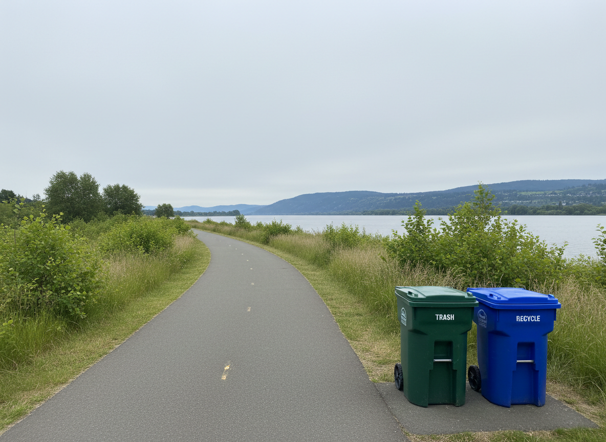 A panoramic, photographic view of a Vancouver, Washington riverside trail immediately after a thorough litter cleanup. The paved path appears freshly swept, bordered by low native shrubs and tall grasses, all free of debris. In the foreground, a dark green trash receptacle and separate blue recycling bin stand side by side, both closed and clearly labeled, their surfaces clean and well-maintained. The Columbia River glimmers softly in the middle distance under a pale, overcast sky, with muted hills beyond. Soft, even natural light eliminates harsh shadows, creating a calm, professional atmosphere. Shot from a slightly elevated angle with sharp focus throughout, the composition emphasizes the length of the pristine trail, symbolizing collective success and long-term stewardship.