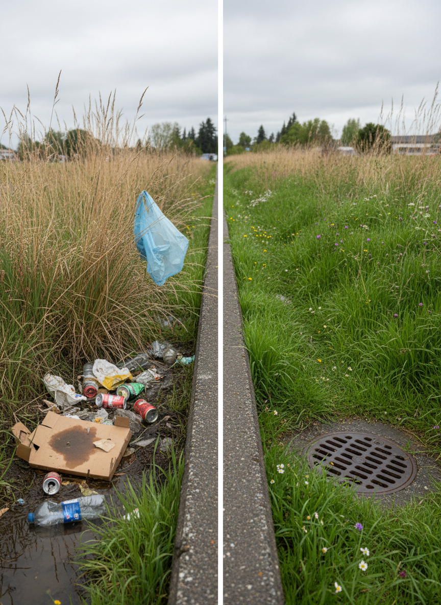 A dramatic, photographic before-and-after style scene of a Vancouver, Washington roadside ditch represented in a single frame. The left half of the ditch is cluttered with realistic litter: plastic bottles, a torn cardboard box, fast-food packaging, and a faded plastic bag tangled in dry grass. The right half is meticulously clean, revealing healthy green grass, small wildflowers, and a clearly visible storm drain grate free of debris. Subtle visual division is created by a low, neutral concrete marker at center. Soft, overcast light provides balanced, even illumination across both sides. Captured at eye level with moderate depth of field, the composition feels objective yet impactful, emphasizing the tangible difference litter cleanup makes for stormwater systems and local ecosystems.