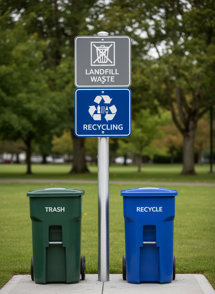A detailed, photographic close-up of a municipal litter and recycling signage setup in Vancouver, Washington. A freestanding, clean metal signpost supports two rectangular panels: one clearly labeled for landfill waste with a gray background and simple iconography, the other emphasizing recycling in blue with recognizable bottle and paper symbols. Below the signs, matching dark green trash and blue recycling bins stand on a clean concrete pad, completely free of overflowing waste. Soft, diffused daylight from an overcast sky highlights the sign’s legible typography and reflective surface. Captured at eye level with moderate depth of field, the background park landscape gently blurs into green, creating a professional, informative atmosphere that reinforces proper disposal behavior without featuring any people.