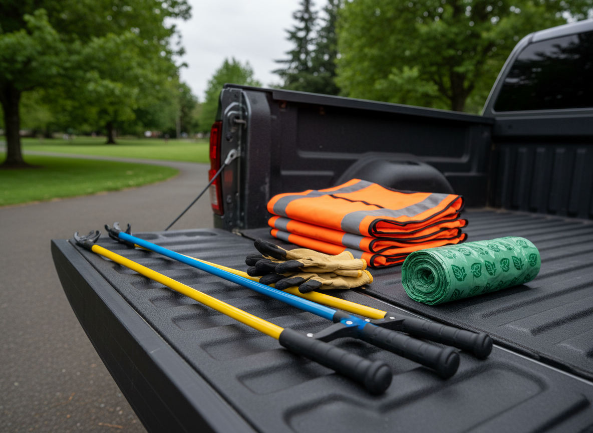 A close-up, photographic scene of organized cleanup tools laid out on the tailgate of a dark gray pickup truck parked beside a Vancouver, Washington park. The arrangement includes bright yellow and blue litter grabbers, heavy-duty reusable work gloves neatly paired, a stack of folded high-visibility safety vests, and a roll of biodegradable trash bags with printed green leaf icons. The truck’s bed liner is matte black, providing contrast and a sense of durability. Soft, overcast daylight gently illuminates the gear, producing minimal shadows and clearly revealing textures like rubber grips and woven fabric. Captured from a slightly elevated, three-quarter angle with sharp focus, the composition feels ordered and professional, communicating preparedness and accountability for an upcoming litter cleanup event without showing any people.
