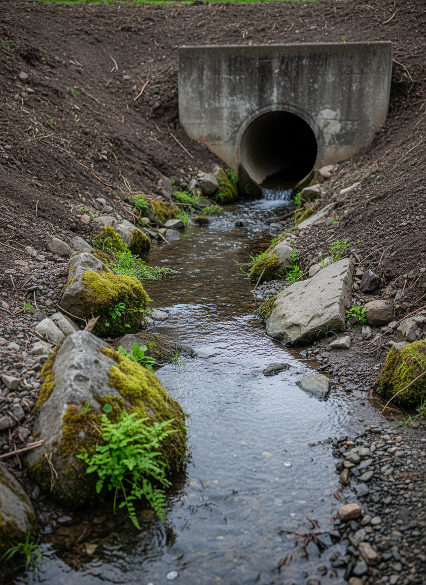 A quiet, photographic scene of a Vancouver, Washington stormwater outfall framed by native vegetation and recently cleaned banks. The concrete outfall structure appears slightly weathered but unobstructed, with clear water gently flowing into a shallow, pebble-lined channel. The ground around it is free of plastic, paper, or metal debris, highlighting successful litter removal. Moss and small ferns cling to nearby rocks, adding rich green texture. Soft, overcast Pacific Northwest light casts a calm, even glow, with subtle reflections glimmering on the water surface. Shot from a low angle along the stream, with the outfall placed on the right third of the frame, the image uses photographic realism to convey a professional, environmentally focused mood suitable for educating visitors about runoff and litter impacts.