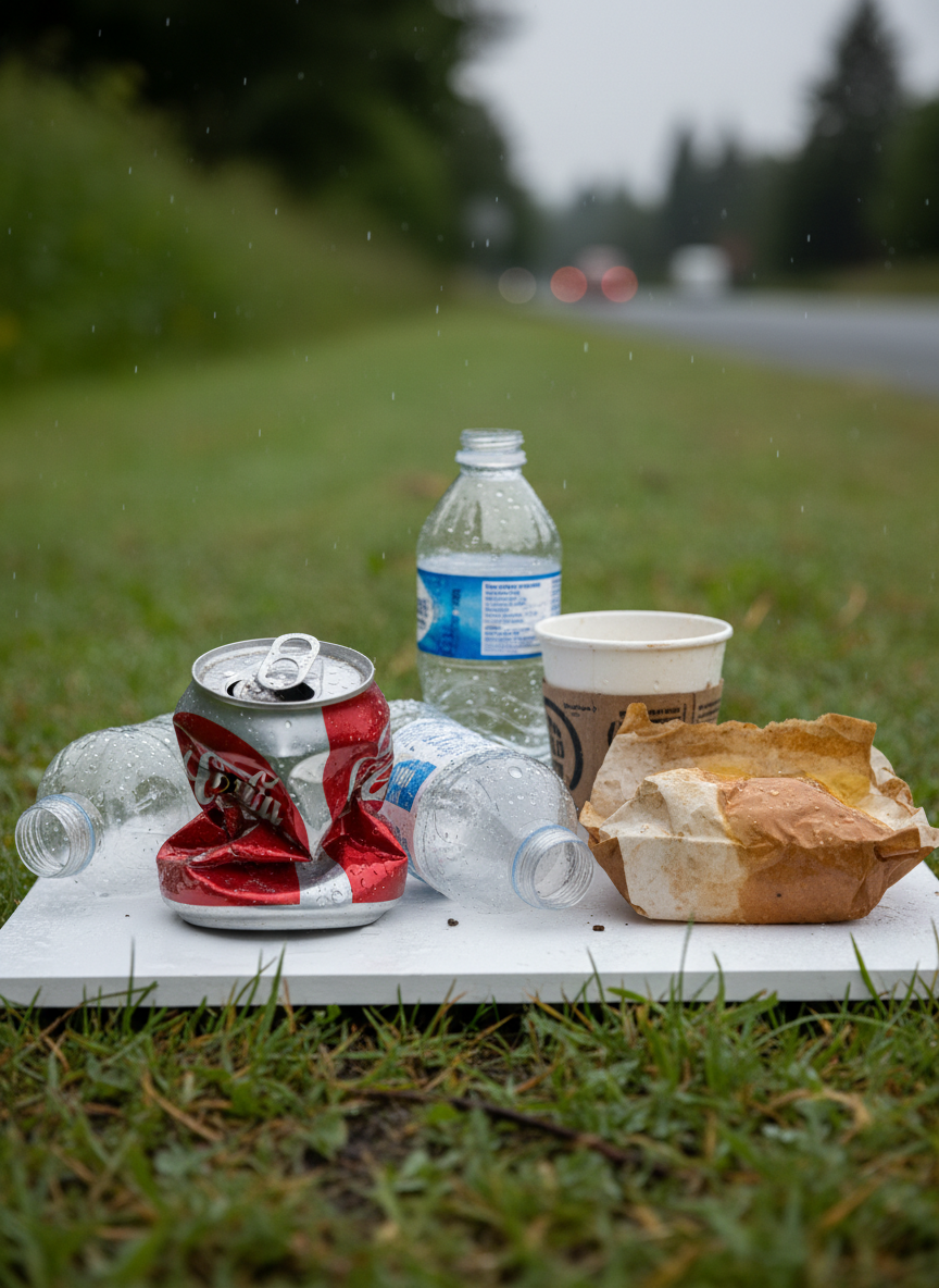 An assortment of common roadside litter items, including a crumpled aluminum soda can, an empty transparent plastic bottle, a flattened cardboard coffee cup, and a weathered fast-food wrapper, carefully arranged on a clean white board placed on short, damp grass. Tiny droplets of moisture cling to the objects, highlighting their textures and faded colors. The background falls into soft green bokeh of a Vancouver, Washington roadside verge. Natural, diffused daylight from an overcast sky softly illuminates the scene, creating a neutral, documentary feel. Photographic realism with a slightly elevated, close-up angle captures fine details like creases, dirt, and water stains. The mood is serious and informative, ideal for a nonprofit educational section about litter types and environmental impact.