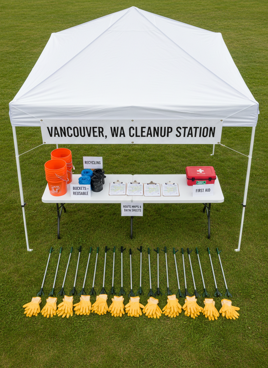 An overhead, photographic view of a neatly labeled Vancouver, Washington cleanup station set up under a simple pop-up canopy in a park. A long folding table holds clearly separated zones: stacked reusable buckets, color-coded trash and recycling bags, clipboards with printed route maps, and a small first-aid kit in a bright red case. On the ground beside the table, bundles of litter grabbers and extra gloves are aligned in straight rows. The grass beneath is short and freshly mowed, free of debris. Soft, evenly diffused daylight from an overcast sky minimizes shadows, allowing every item to be clearly visible. The composition is symmetrical and orderly, conveying professionalism, safety, and thoughtful organization for volunteers, even though no people are present.